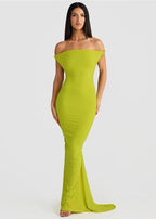 One-Shoulder Twisted Strap Folded Neckline Bodycon Maxi Dress