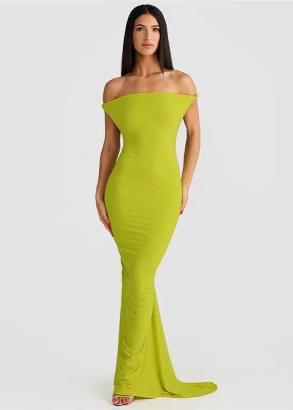 One-Shoulder Twisted Strap Folded Neckline Bodycon Maxi Dress