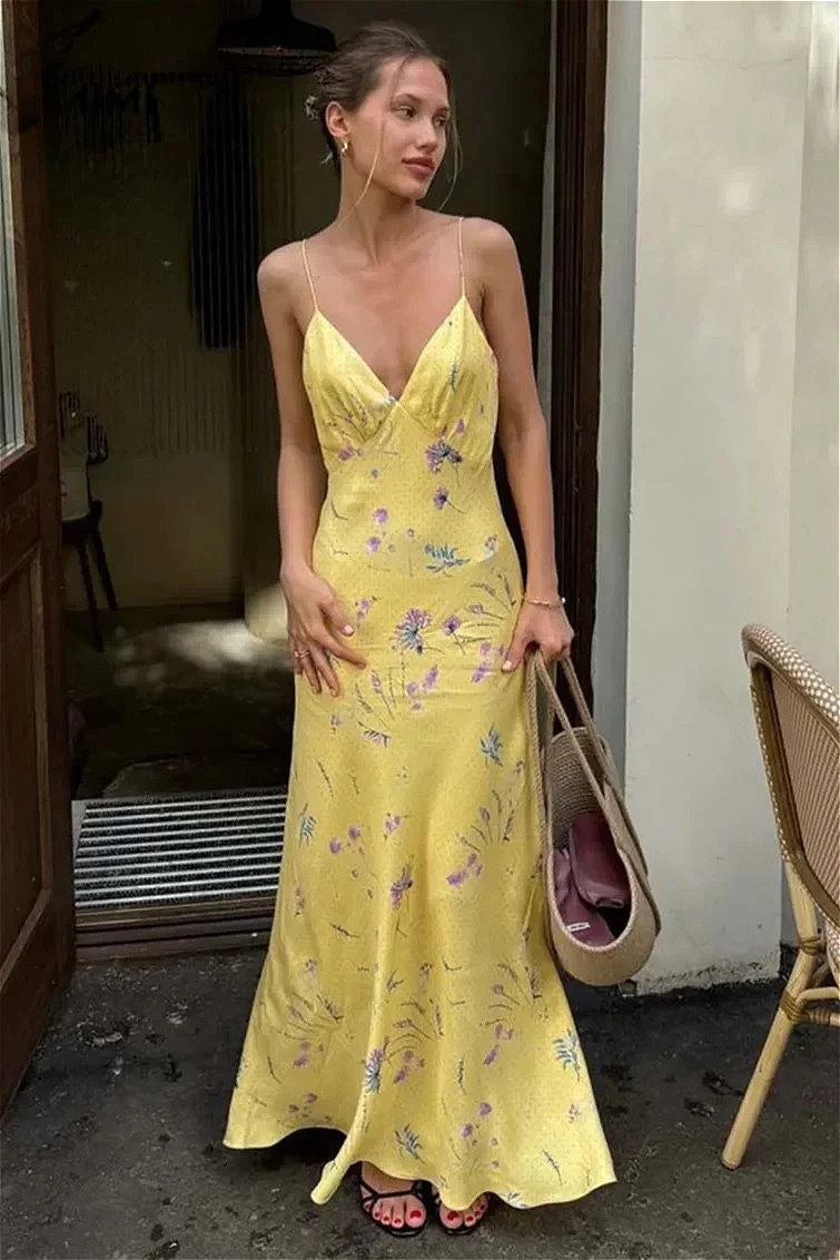 Casual Yellow Print Spaghetti Strap Floral Dress