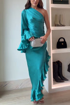 Elegant Satin One Shoulder Sleeve Pleated Ruffles Trim Ruched Asymmetrical Maxi Dress