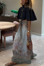 Next Vacation Denim Mock Neck Short Flutter Sleeves Crop Top