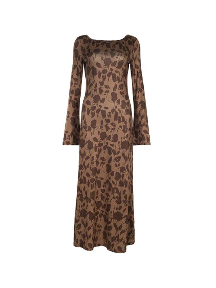 Crew Neck Bell Sleeve Botanical Print Slim Maxi Dress