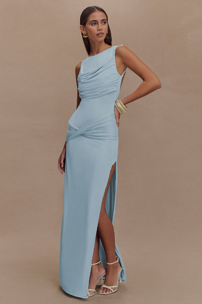 High Neck Ruched Crossover Drape Hip High Slit Jersey Maxi Dress