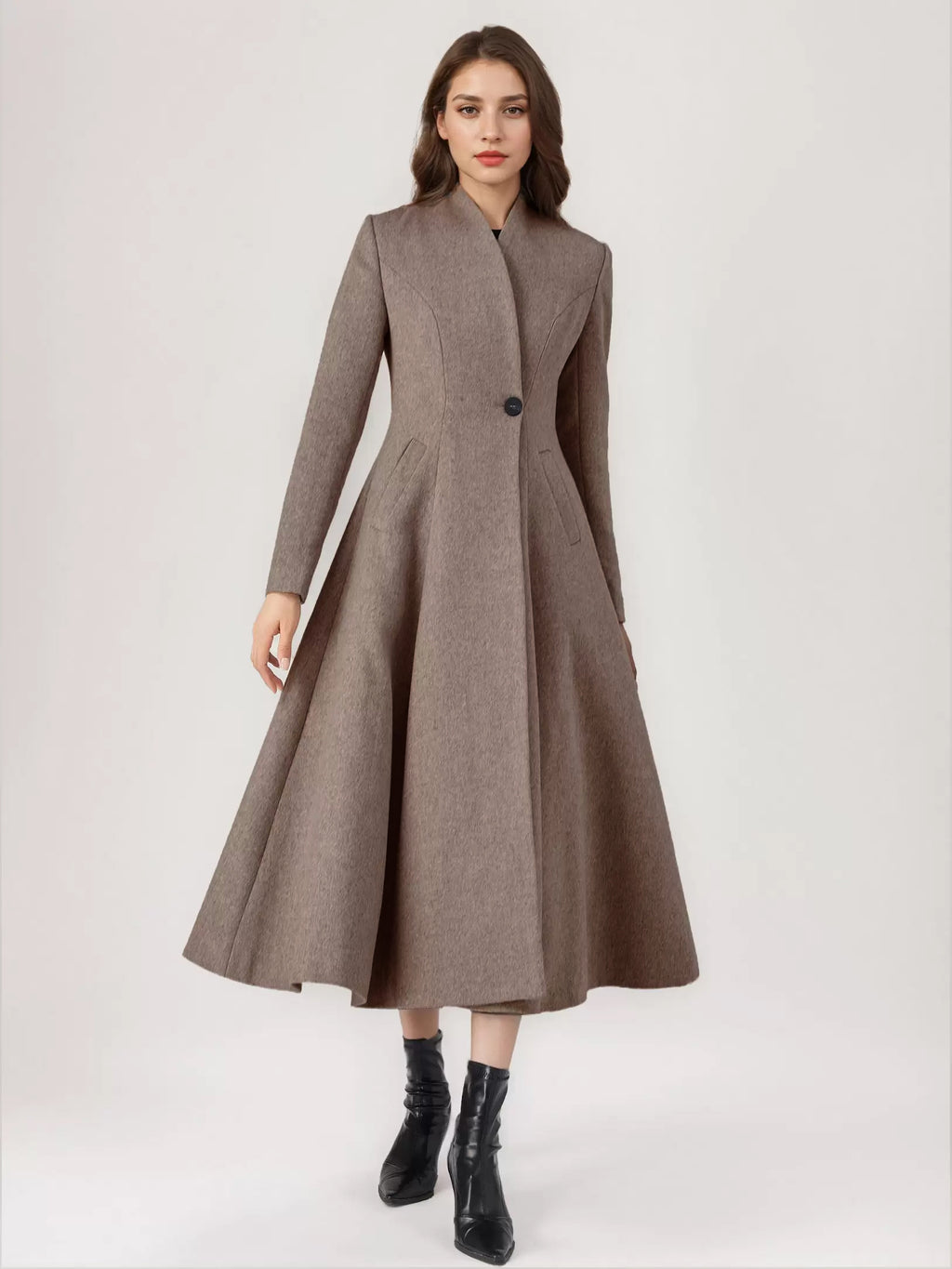 Wool Blend Flared Coat For Woman One Button Gray A-line Winter Midi Outerwear 2026