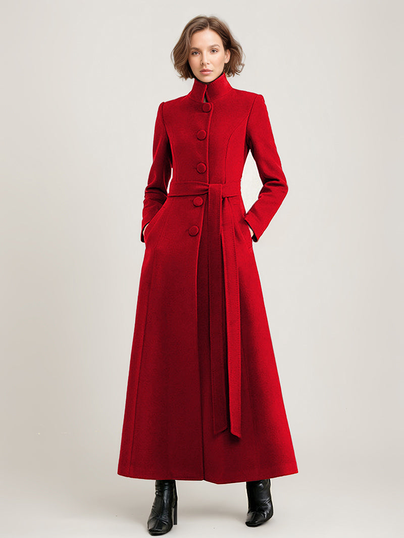 Wool Blend Long Coat Black Belted Stand Collar Winter Full Length Outerwear For Women 2026