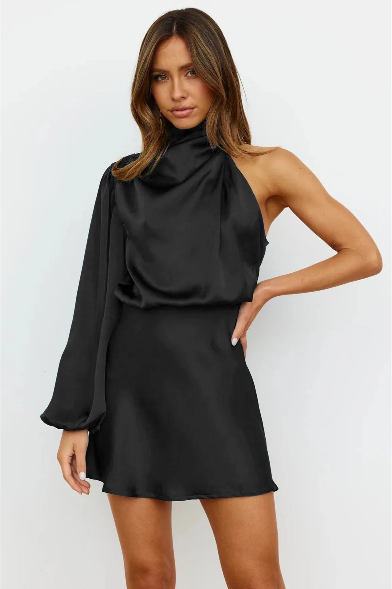 Satin One Shoulder Cowl Neck Bishop Sleeve A-Line Mini Dress