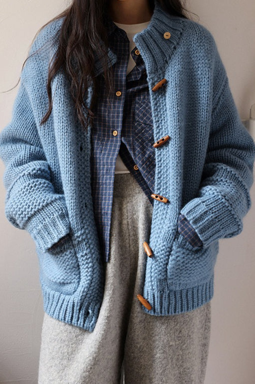 Vintage Solid Wool Chunky Knit Wooden Button Sweater