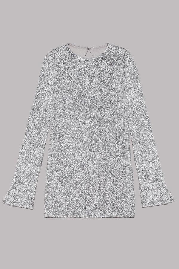 Sequin Open Back Oval Cutout Long Sleeve Mini Dress