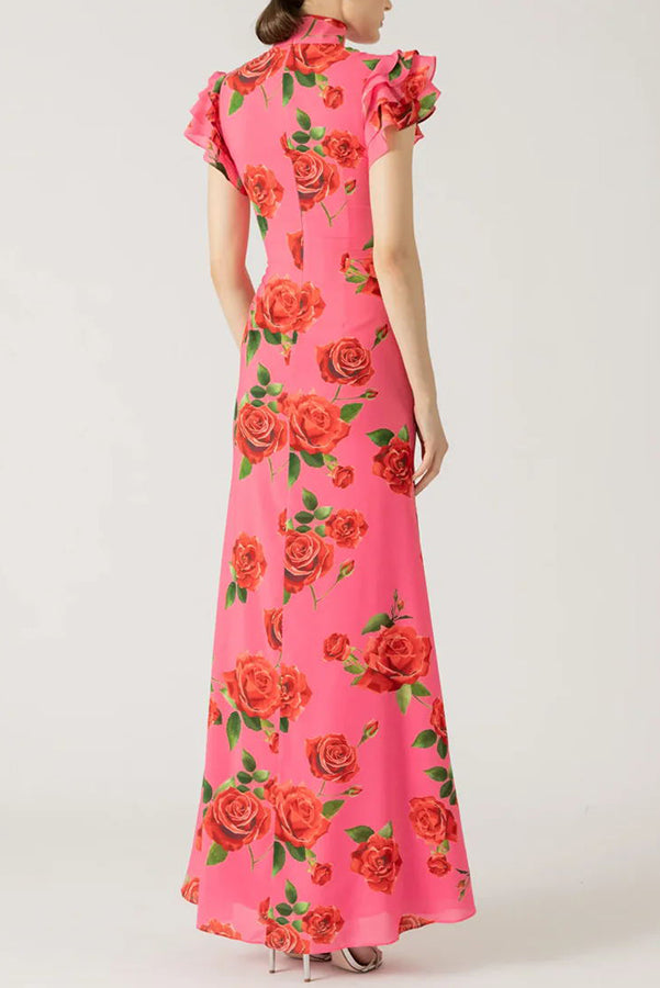 Elegant party cheongsam style rose print layered flared sleeve elastic long skirt
