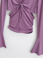 Solid V Neck Side Cutout Trumpet Sleeve Long Sleeve Knit