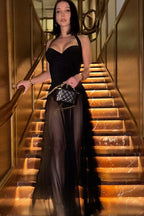 Halter Sweetheart Corset Bodice Sheer Tulle Overlay Maxi Dress