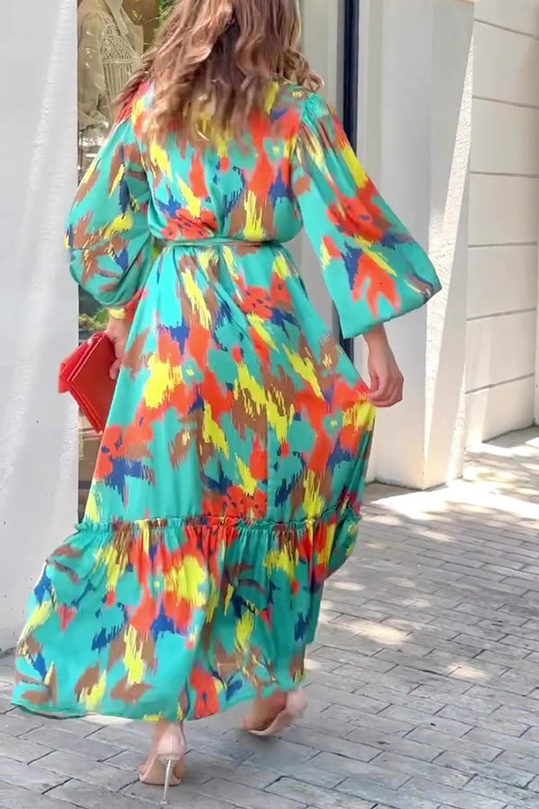 Abstract Brushstroke Print Collar Balloon Sleeve Tie Waist Tiered Maxi Dress