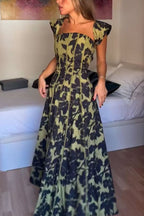 Elara Linen Blend Floral Print Princess Line Design Detachable Sleeves Maxi Dress