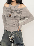 One Shoulder Fake Two Piece Print Long Sleeve Tee