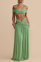 Martina Stretch Mesh Gold Metal Detail Gathered Sweetheart Crop Halter Vacation Tank