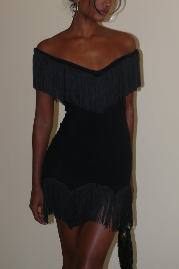 Solid Color V-neck Off-shoulder Slim-fit Tassel Mini Dress