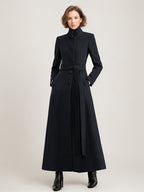 Wool Blend Long Coat Black Belted Stand Collar Winter Full Length Outerwear For Women 2026