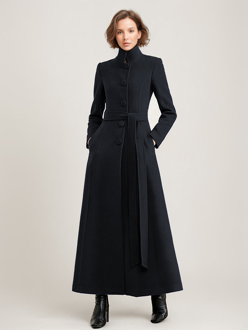 Wool Blend Long Coat Black Belted Stand Collar Winter Full Length Outerwear For Women 2026