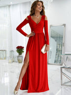 Maxi Dress V-Neck Cold Shoulder Layered Cut Out Sexy Slit Prom Dress