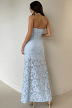 Strapless Floral Lace Side Ruched High Thigh Slit Maxi Dress