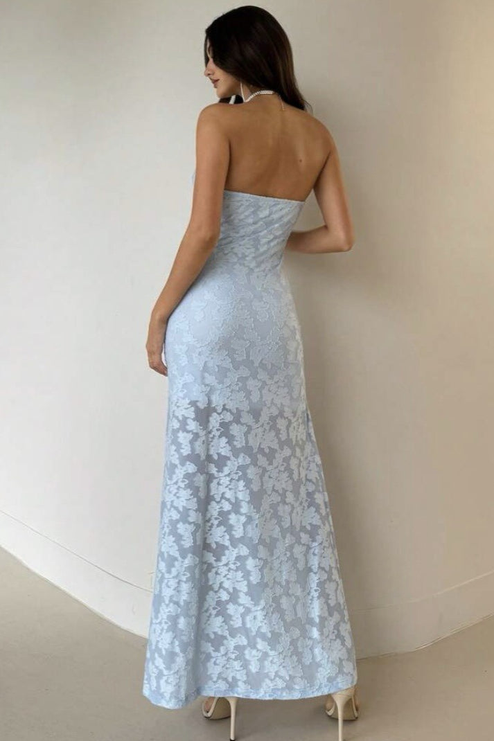 Strapless Floral Lace Side Ruched High Thigh Slit Maxi Dress