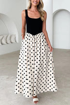 Black and White Color-blocked Polka Dot Print Sleeveless Casual Pocket Maxi Dress