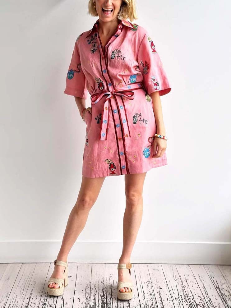 Whimsical Embroidery Shirt Collar Button Tie Waist Mini Dress