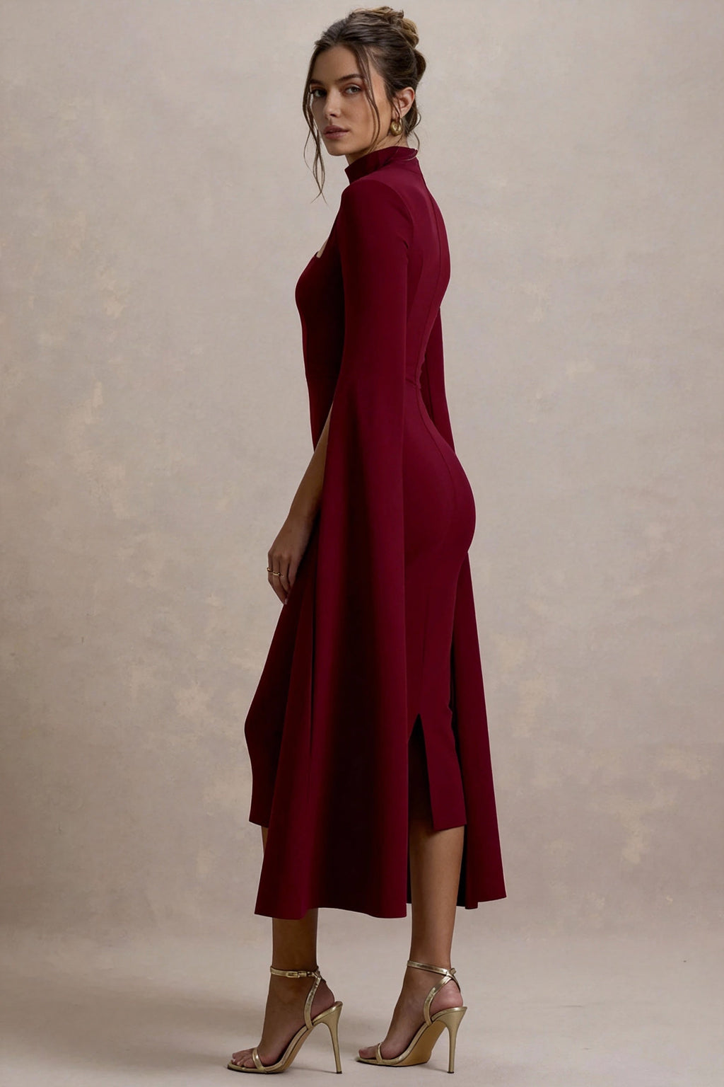 Cut Out Collar Square Neck Cape Sleeve Bodycon Midi Dress