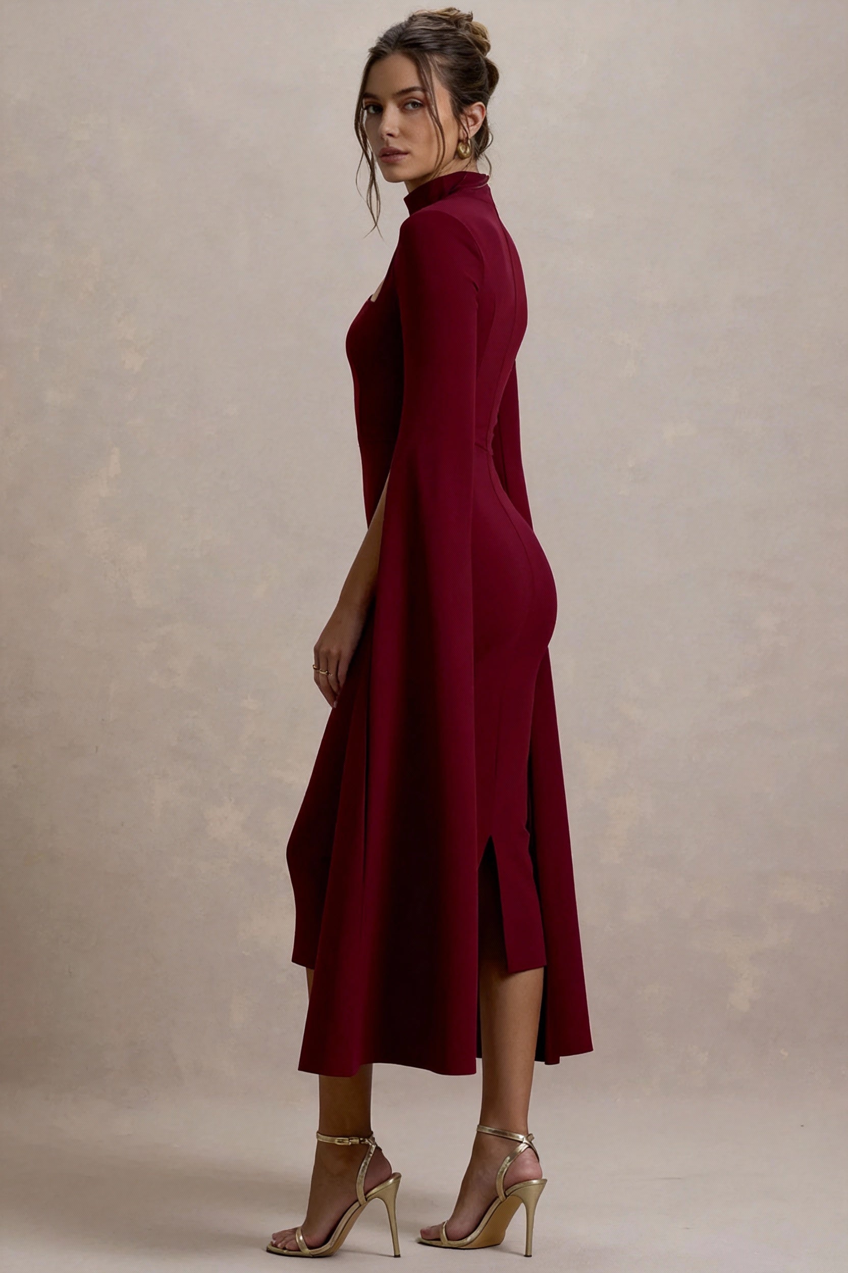 Cut Out Collar Square Neck Cape Sleeve Bodycon Midi Dress