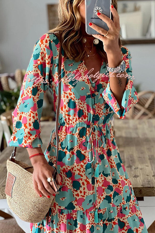 Abstract Floral Print Drawstring Waist Tiered Blouson Sleeve Maxi Dress