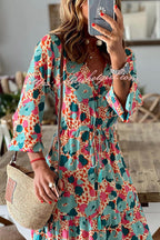 Abstract Floral Print Drawstring Waist Tiered Blouson Sleeve Maxi Dress