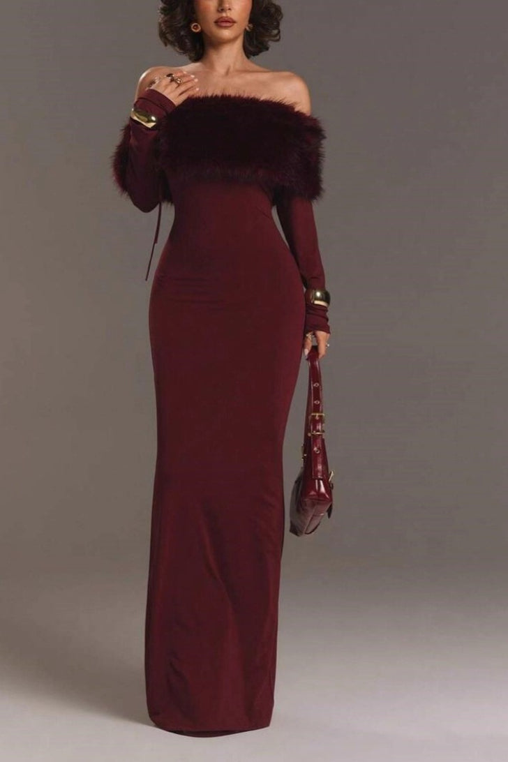 Red Fur Collar Off Shoulder Bodycon Dress