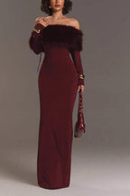 Red Fur Collar Off Shoulder Bodycon Dress
