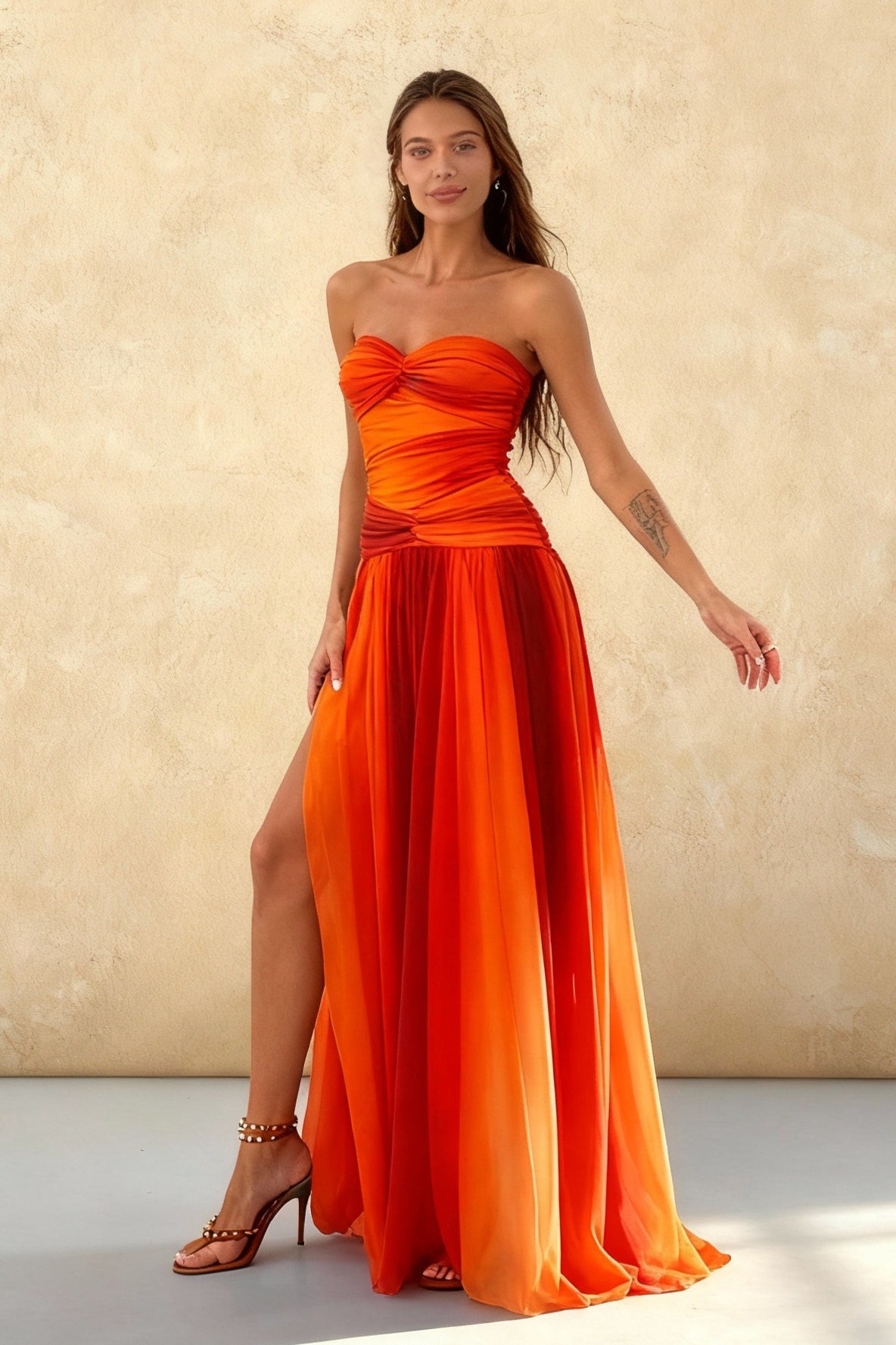 Strapless Sweetheart Starfish Brooch Cut Out Layered Chiffon Maxi Dress