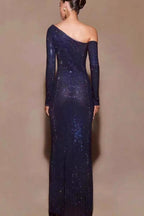 Blue Off Shoulder Rhinestone Maxi Dress
