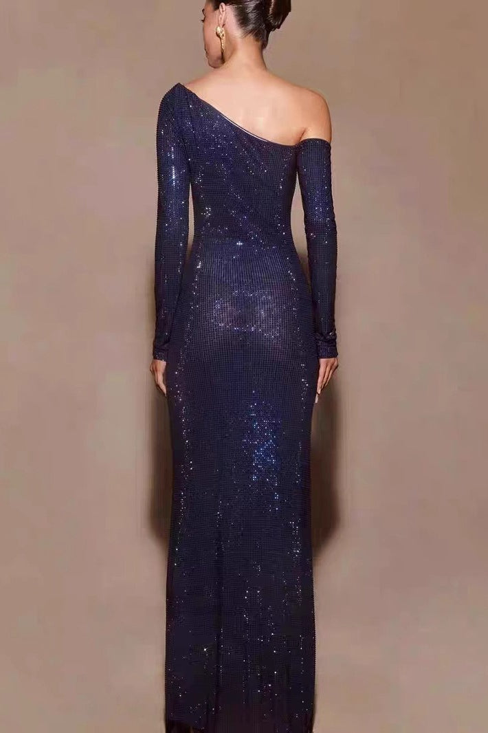Blue Off Shoulder Rhinestone Maxi Dress