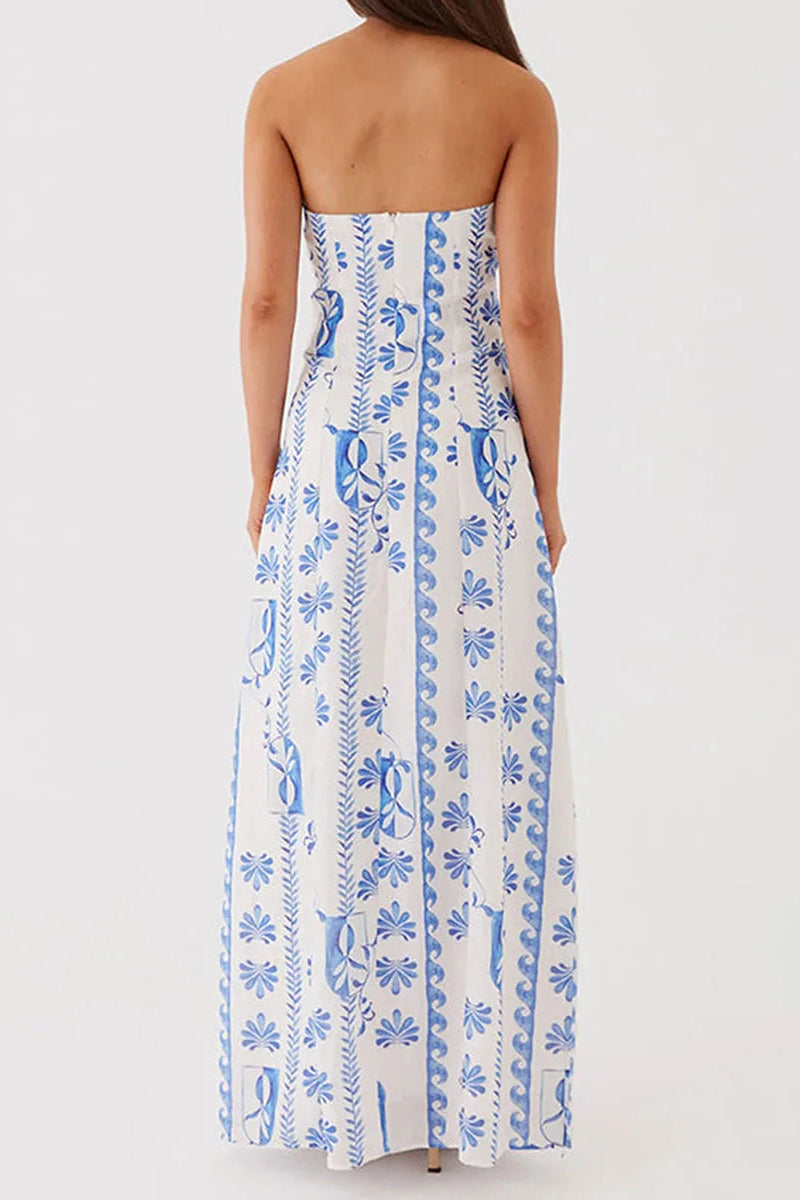 Floral Tile Print Strapless Ruffle Trim Bodycon Maxi Summer Dress