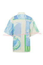 Pierre Linen Blend Ric Rac Trims Unique Print Short Sleeve Shirt and Wrap Tie-up Mini Skirt Set