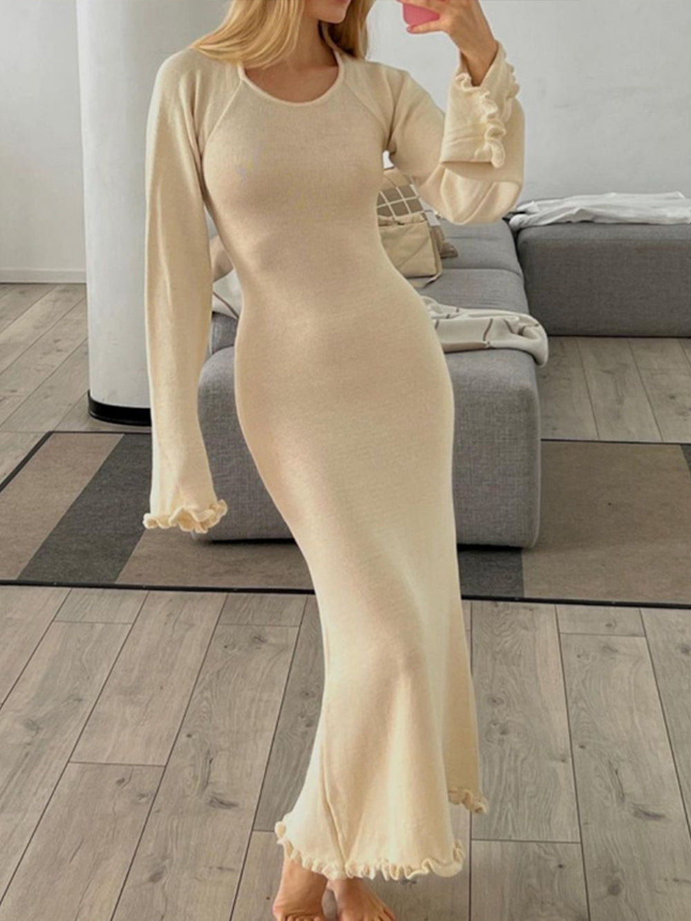 Ribbed Knit Halter Tie Back Bell Sleeve Backless Bodycon Maxi Dress