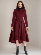 Woolen Flared Coat For Woman Hooded Belted A-line Vintage Winter Midi Outerwear 2026