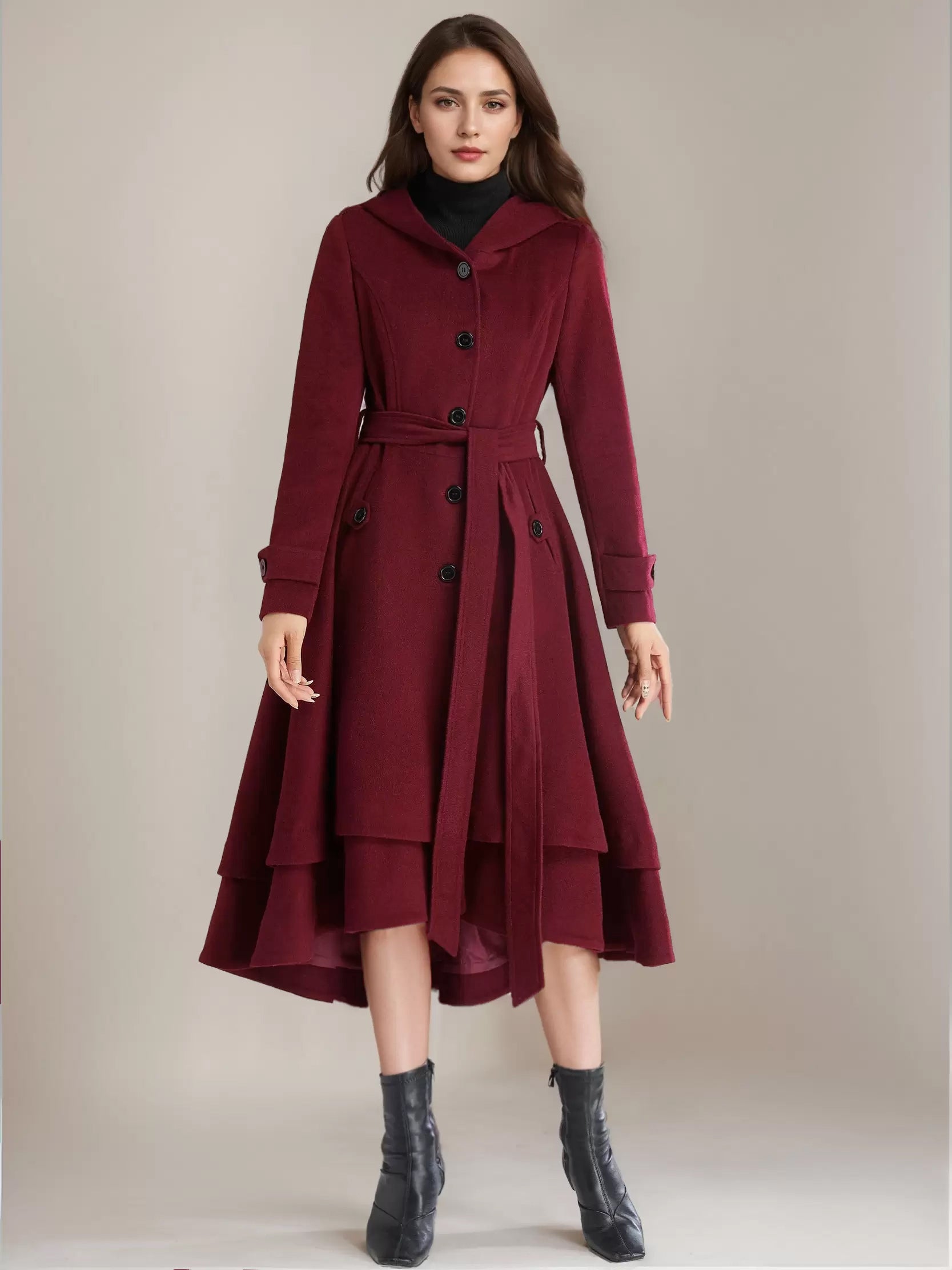 Woolen Flared Coat For Woman Hooded Belted A-line Vintage Winter Midi Outerwear 2026