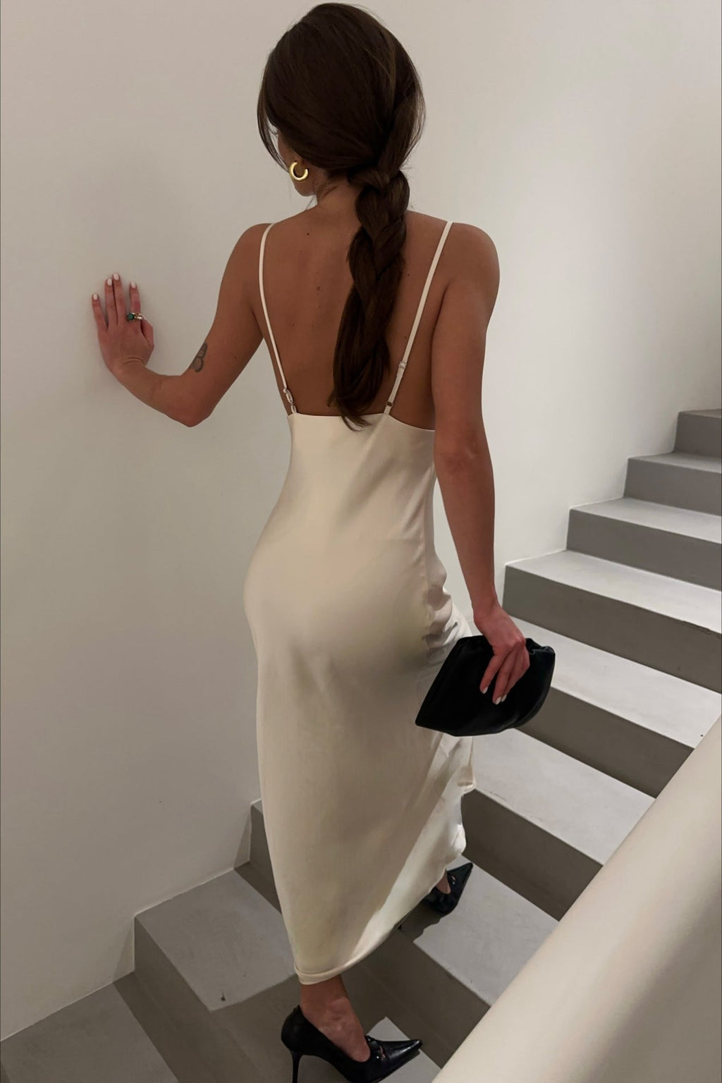 Eyelash Lace Trim Spaghetti Strap Satin Column Maxi Gown