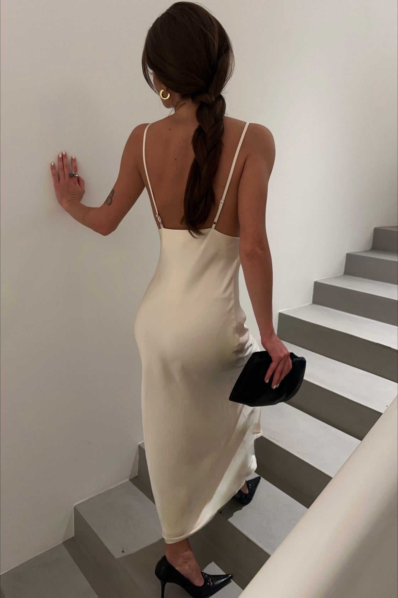 Eyelash Lace Trim Spaghetti Strap Satin Column Maxi Gown