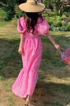 Eyelet Deep V-Neck Puff Sleeve Smocked Empire Waist Tiered Maxi Dress