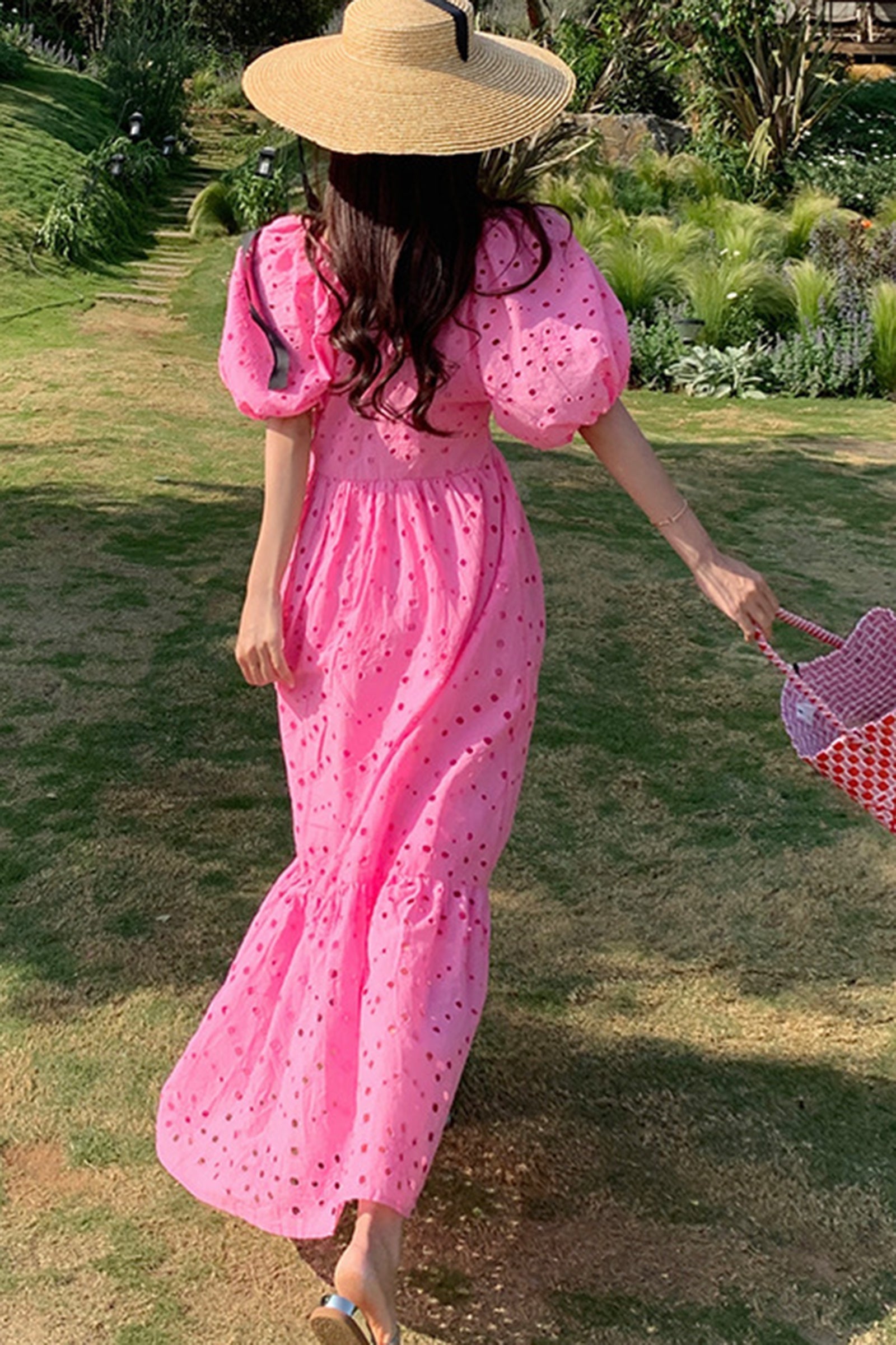 Eyelet Deep V-Neck Puff Sleeve Smocked Empire Waist Tiered Maxi Dress