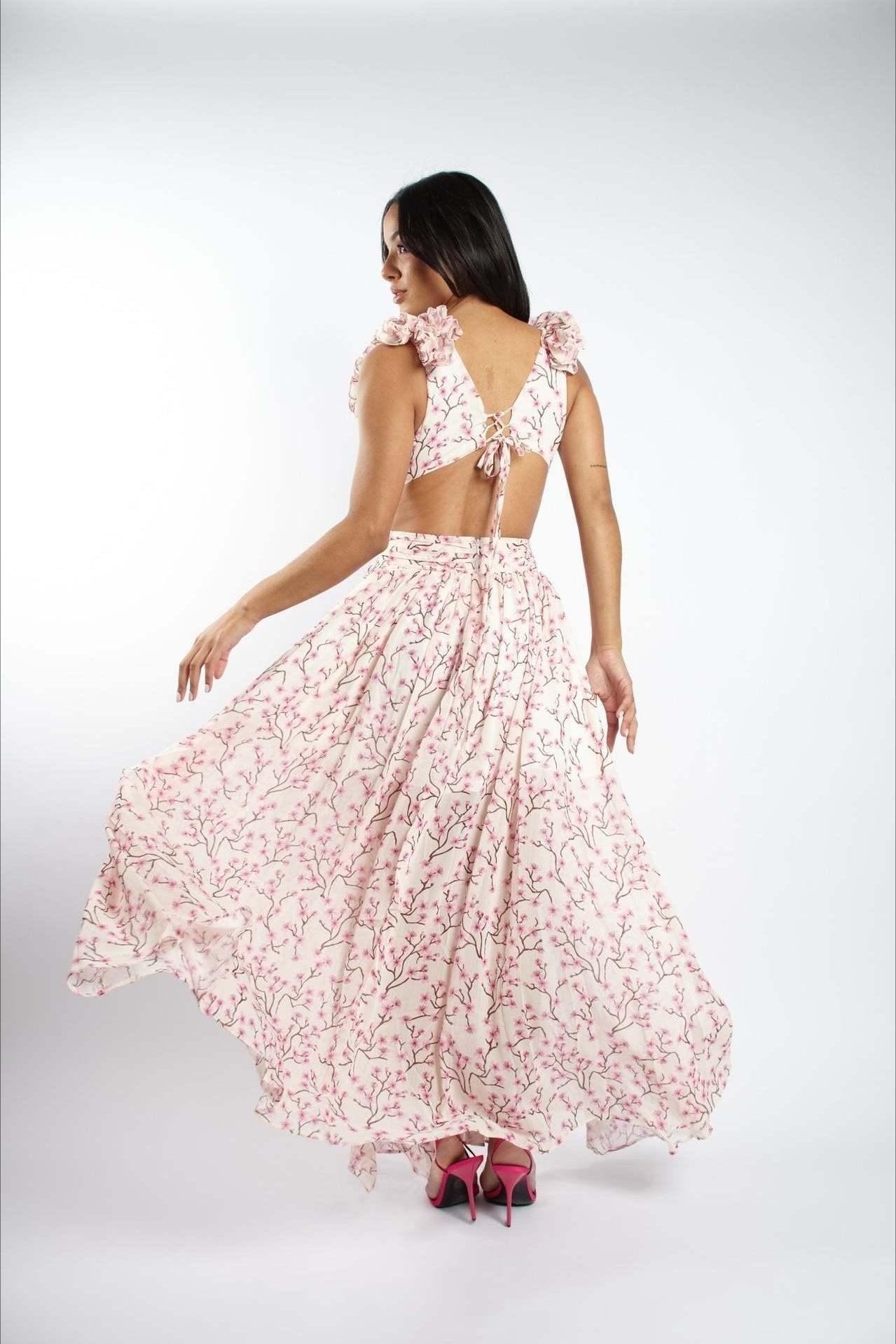 One Shoulder Ruffle Strap Cutout Tiered Blossom Print Maxi Dress