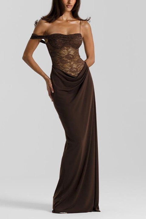 Lace Sweetheart One Shoulder Spaghetti Strap Draped Cowl Mermaid Maxi Dress