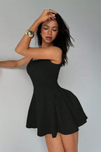 Square Neck Cap Sleeve Ruched Fit and Flare Mini Dress