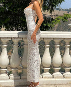 Spaghetti Strap Lace Corset Sweetheart Scalloped Hem Bodycon Maxi Dress