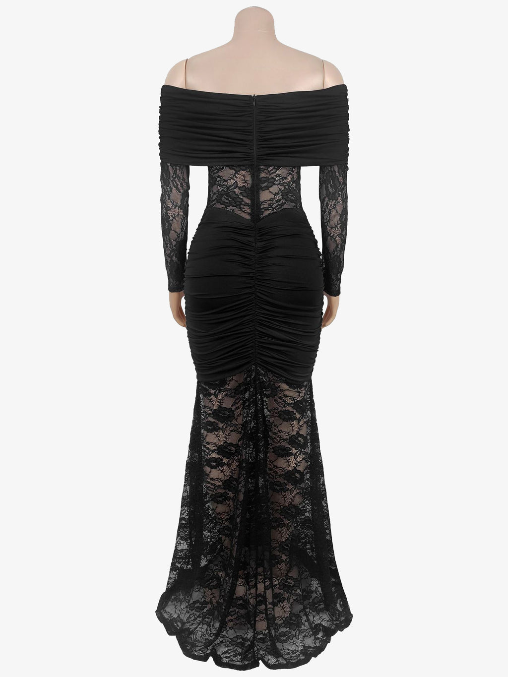 Off Shoulder Ruched Lace Sheer Panel Slim Fit Fishtail Long Gown For Women 2026